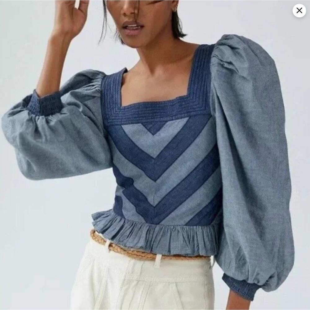 Anthropologie Love the Label Puffed Sleeve Smocked Denim Square Neck Blouse XS